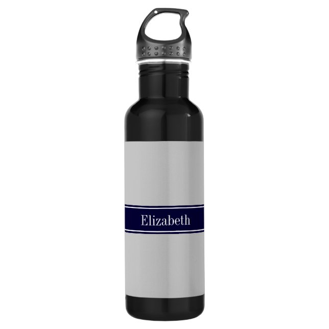 Solid Gray Navy Blue Ribbon Name Monogram Water Bottle (Front)