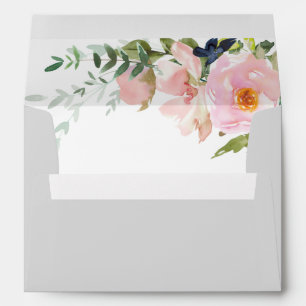Solid Gray with Blush Pink Floral Spray Wedding Envelope