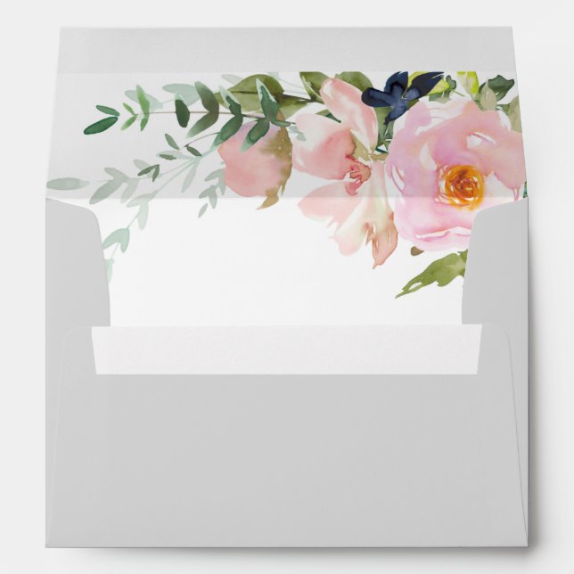 Solid Gray with Blush Pink Floral Spray Wedding Envelope (Back (Bottom))