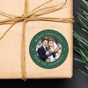 Solid Green   Holiday Photo Classic Round Sticker