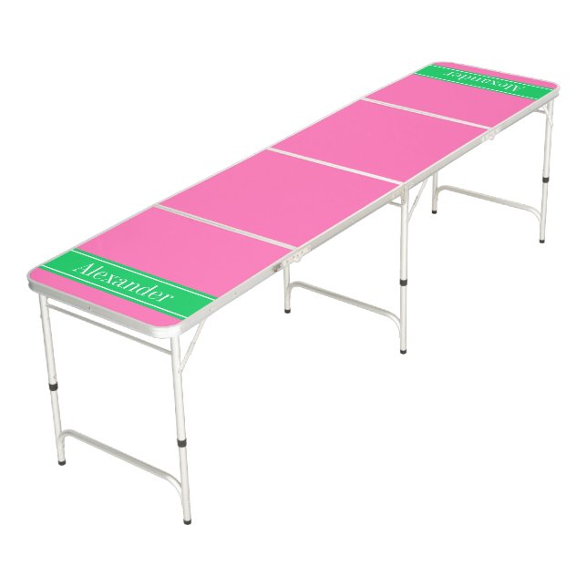 Solid Hot Pink #2 Emerald Green Rbn Name Monogram Beer Pong Table (Angled)