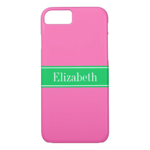 Solid Hot Pink #2 Emerald Green Rbn Name Monogram iPhone 8/7 Case
