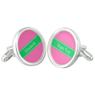 Solid Hot Pink #2 Emerald Green Rbn Name Monogram Cufflinks