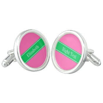 Solid Hot Pink #2 Emerald Green Rbn Name Monogram Cufflinks by FantabulousPatterns at Zazzle