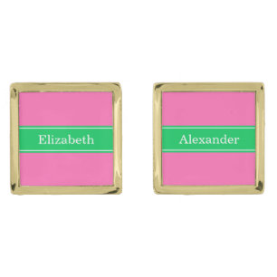Solid Hot Pink #2 Emerald Green Rbn Name Monogram Cufflinks
