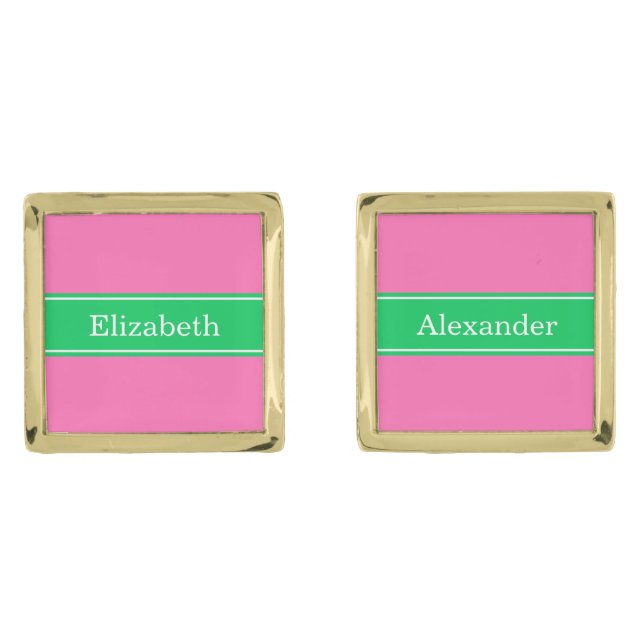 Solid Hot Pink #2 Emerald Green Rbn Name Monogram Cufflinks (Front)