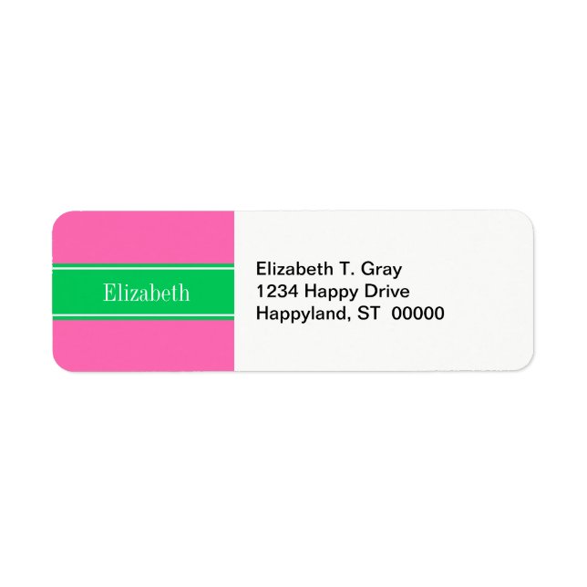 Solid Hot Pink #2 Emerald Green Rbn Name Monogram Label (Front)