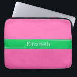 Solid Hot Pink #2 Emerald Green Rbn Name Monogram Laptop Sleeve<br><div class="desc">Solid Hot Pink Background, Emerald Green Ribbon Name Monogram ========== Customize this with your name, monogram or other text. You can also change fonts, adjust font sizes and font colors, move the text, etc. Please note that this is a digitally created graphic design that's transferred to the underlying product. The...</div>