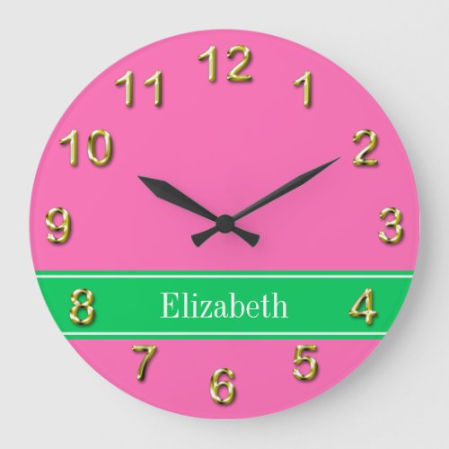 Solid Hot Pink 2 Emerald Green Rbn Name Monogram Large Clock