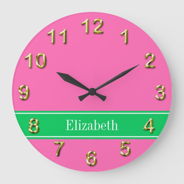 Solid Hot Pink #2 Emerald Green Rbn Name Monogram Large Clock (Front)