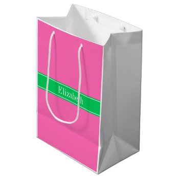 Solid Hot Pink #2 Emerald Green Rbn Name Monogram Medium Gift Bag by FantabulousPatterns at Zazzle