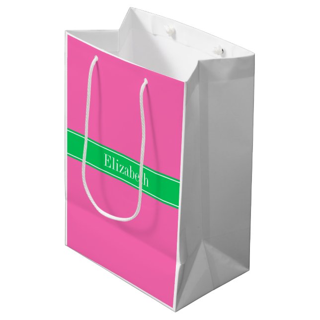 Solid Hot Pink #2 Emerald Green Rbn Name Monogram Medium Gift Bag (Front Angled)