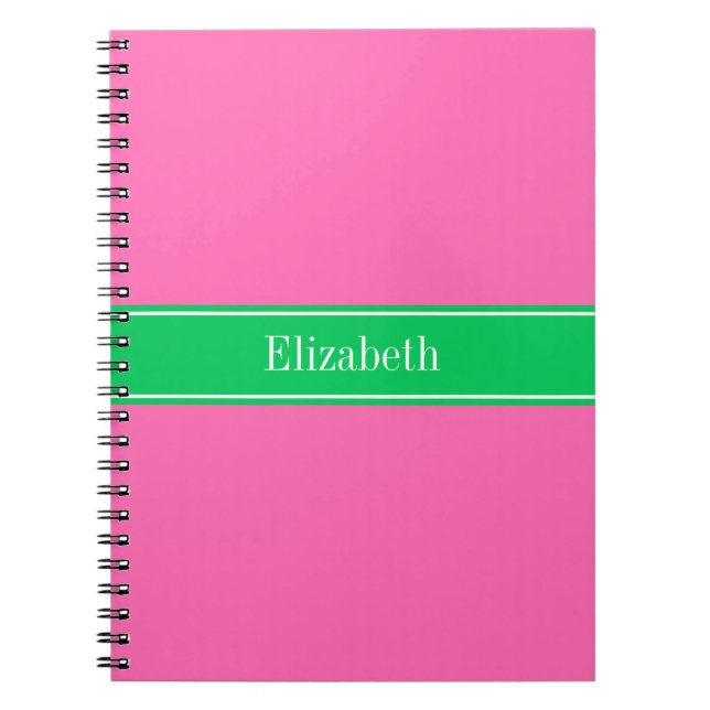 Solid Hot Pink #2 Emerald Green Rbn Name Monogram Notebook (Front)