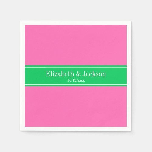 Solid Hot Pink 2 Emerald Green Rbn Name Monogram Paper Napkins