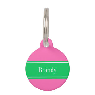 Solid Hot Pink #2 Emerald Green Rbn Name Monogram Pet Name Tag