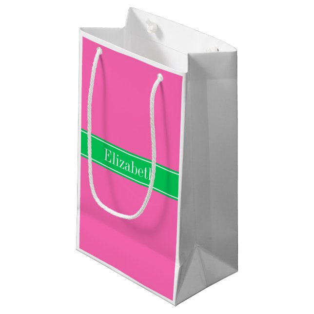 Solid Hot Pink #2 Emerald Green Rbn Name Monogram Small Gift Bag (Front Angled)