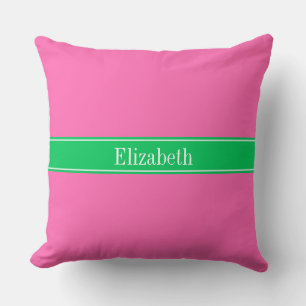 Solid Hot Pink #2 Emerald Green Rbn Name Monogram Throw Pillow