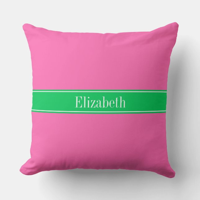 Solid Hot Pink #2 Emerald Green Rbn Name Monogram Throw Pillow (Front)