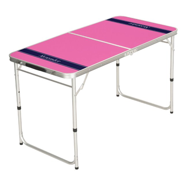 Solid Hot Pink #2, Navy Blue Ribbon Name Monogram Beer Pong Table (Angled)