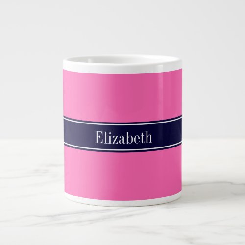 Solid Hot Pink 2 Navy Blue Ribbon Name Monogram Giant Coffee Mug