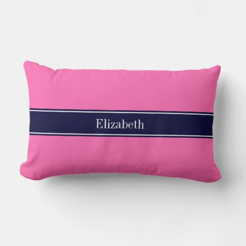 Solid Hot Pink 2 Navy Blue Ribbon Name Monogram Lumbar Pillow