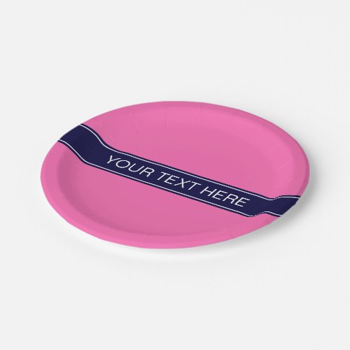 Solid Hot Pink 2 Navy Blue Ribbon Name Monogram Paper Plates