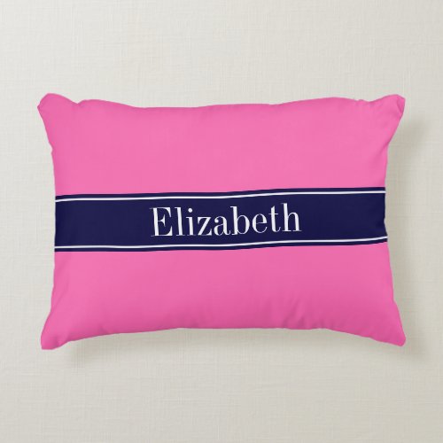Solid Hot Pink 2 Ribbon Navy Blue Name Monogram Decorative Pillow