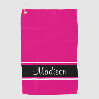 Solid Hot Pink Black Stripe Script Name Golf Towel