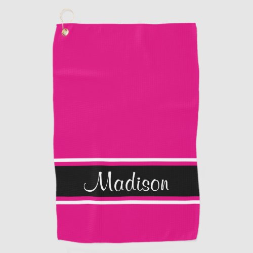 Solid Hot Pink Black Stripe Script Name Golf Towel
