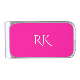 Solid Hot Pink Initials Silver Finish Money Clip