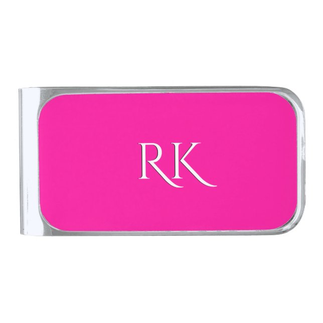 Solid Hot Pink Initials Silver Finish Money Clip (Front)