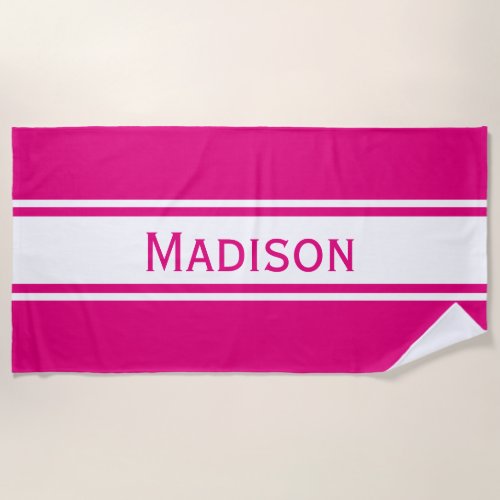 Solid Hot Pink White Stripes Modern Name Beach Towel