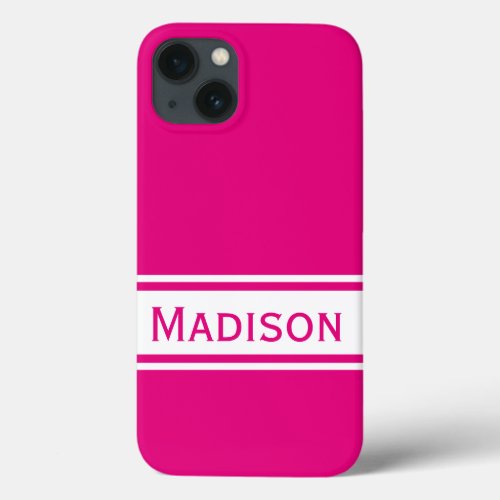 Solid Hot Pink White Stripes Modern Name iPhone 13 Case