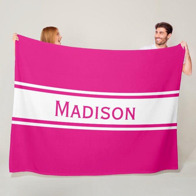 Solid Hot Pink White Stripes Modern Name Fleece Blanket (In Situ)