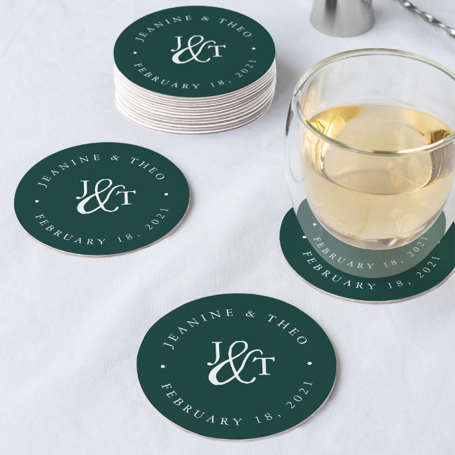 Solid Hunter Green Wedding Monogram Round Paper Coaster