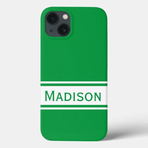 Solid Kelly Green White Stripes Modern Name iPhone 13 Case