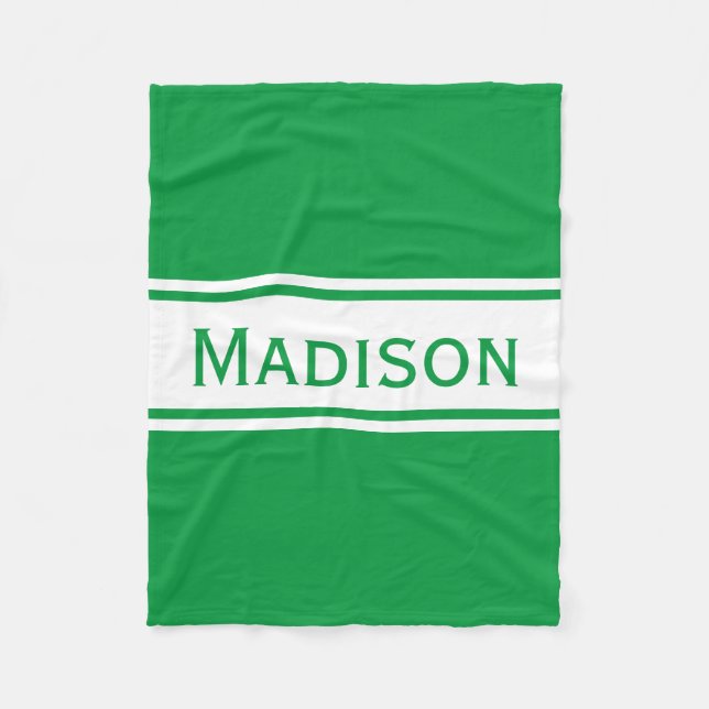 Solid Kelly Green White Stripes Modern Name Fleece Blanket (Front)