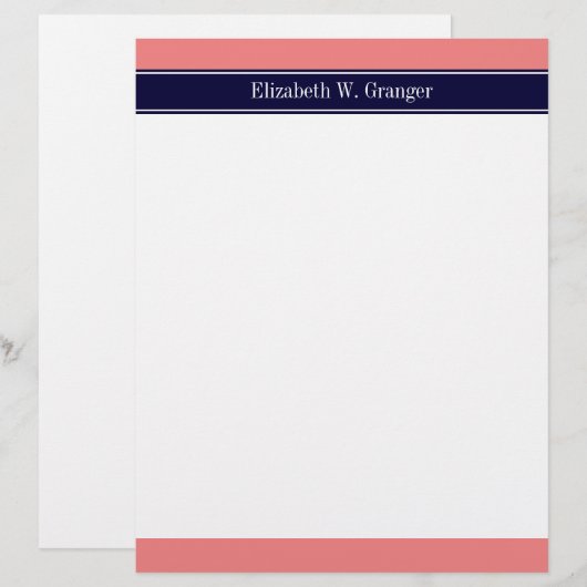 Solid Light Coral, Navy Blue Ribbon Name Monogram (Front/Back)