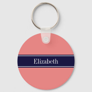 Solid Light Coral, Navy Blue Ribbon Name Monogram Keychain