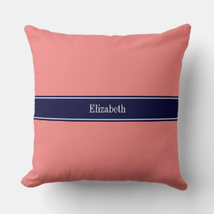 Solid Light Coral, Navy Blue Ribbon Name Monogram Throw Pillow