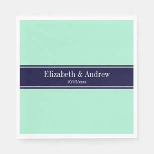 Solid Light Mint, Navy Blue Ribbon Name Monogram Paper Napkins
