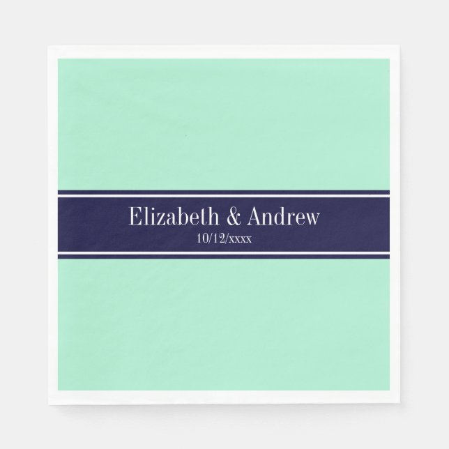 Solid Light Mint, Navy Blue Ribbon Name Monogram Paper Napkins (Front)