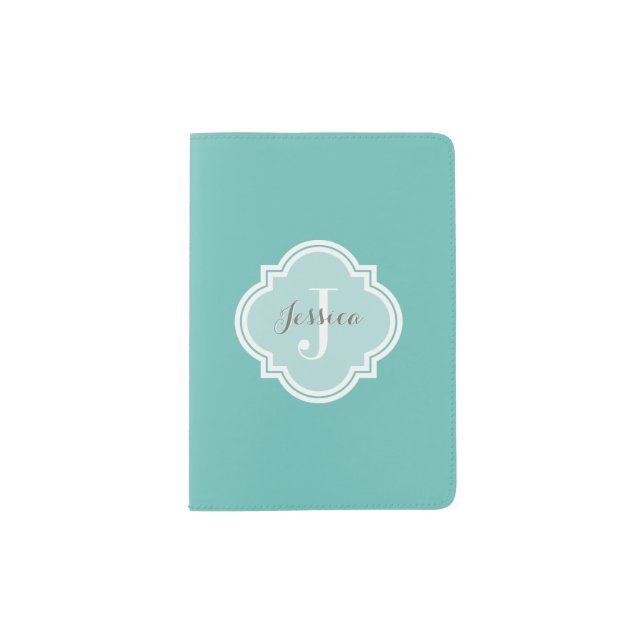 Solid Light Teal Monogram Passport Holder (Front)