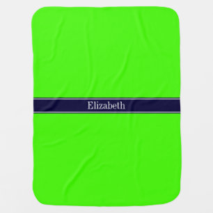 Solid Lime Green, Navy Blue Ribbon Name Monogram Baby Blanket