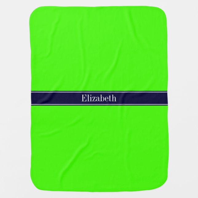 Solid Lime Green, Navy Blue Ribbon Name Monogram Baby Blanket (Front)