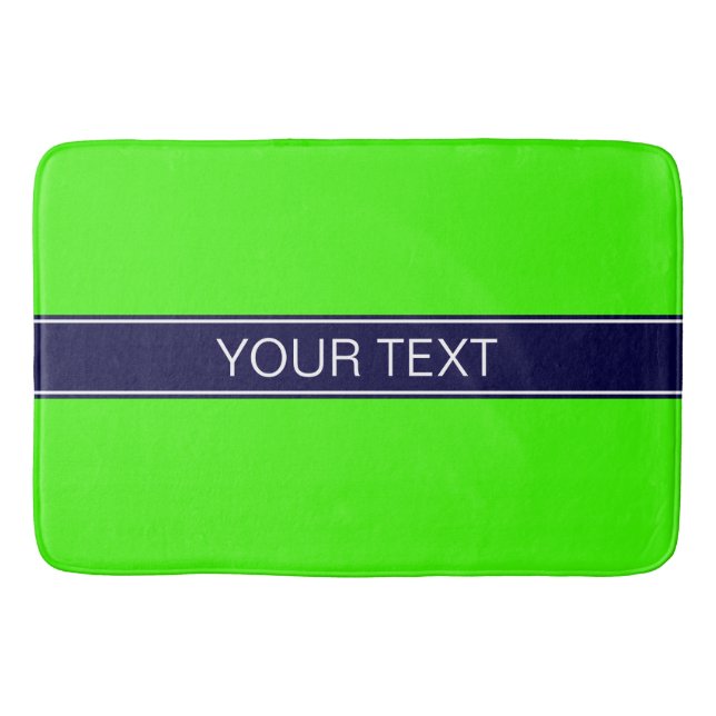 Solid Lime Green, Navy Blue Ribbon Name Monogram Bathroom Mat (Front)