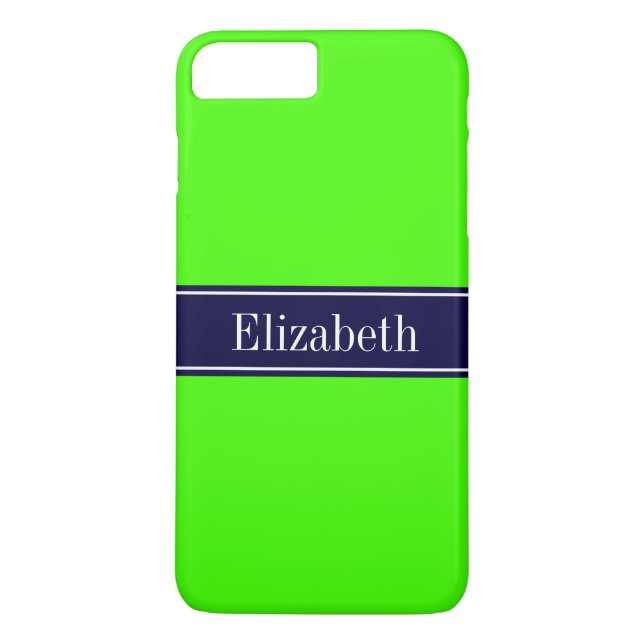 Solid Lime Green, Navy Blue Ribbon Name Monogram Case-Mate iPhone Case (Back)