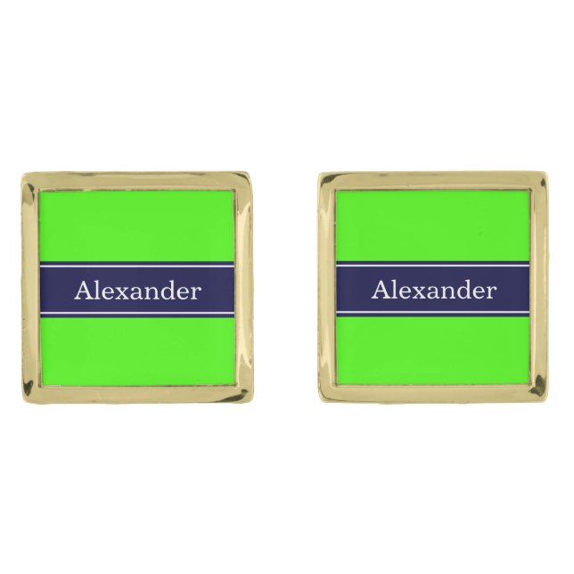 Solid Lime Green, Navy Blue Ribbon Name Monogram Gold Cufflinks (Front)