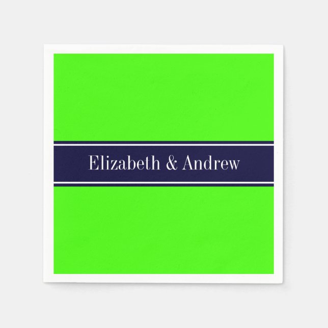 Solid Lime Green, Navy Blue Ribbon Name Monogram Paper Napkins (Front)