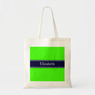 Solid Lime Green, Navy Blue Ribbon Name Monogram Tote Bag
